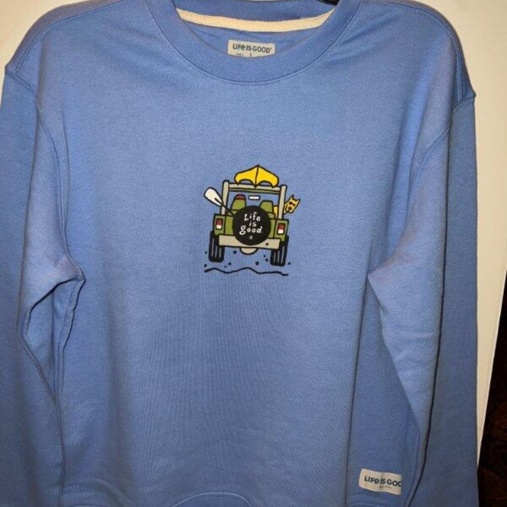 LIFE IS GOOD Womens Jeep Dog Crew Neck L/S Pullover SweatShirt Blue XS NWT